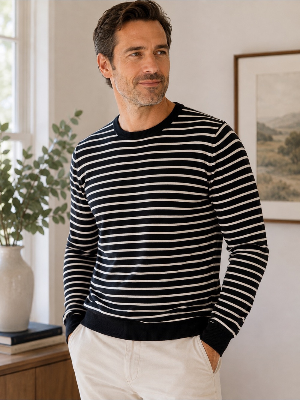 Brooks Brothers Pima Cotton Striped Crewneck Sweater Black & White XL